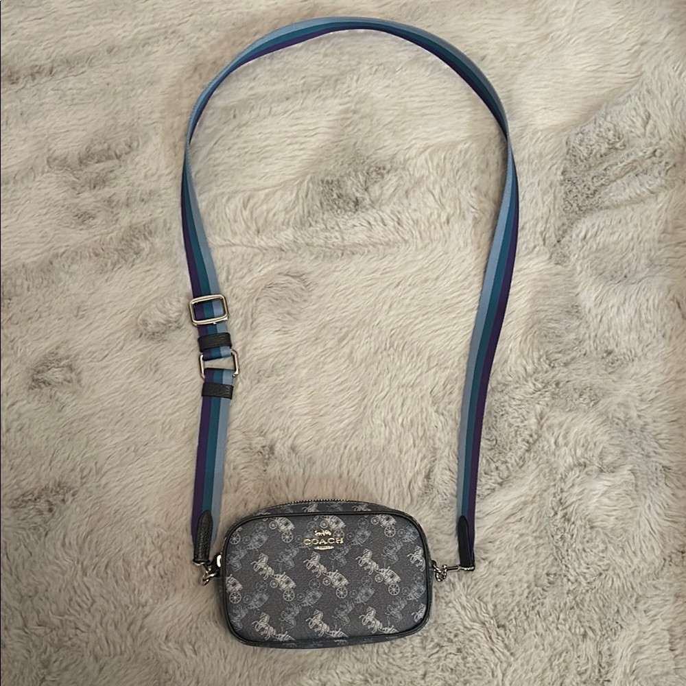 Navy Horse and Carriage Coach Crossbody Camera Bag with Blue Striped Strap